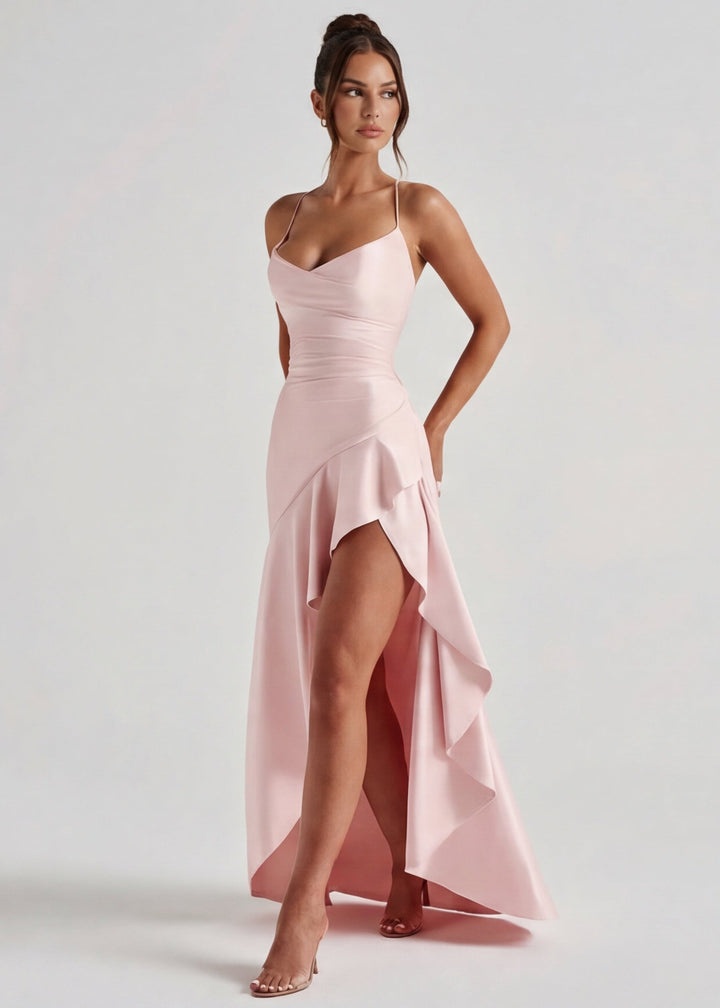 Kitty - Robe de Soirée Satinée Sculptante avec Fente Haute