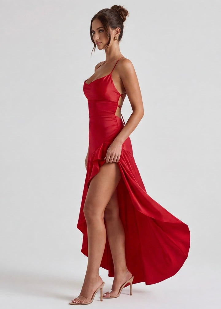Kitty - Robe de Soirée Satinée Sculptante avec Fente Haute