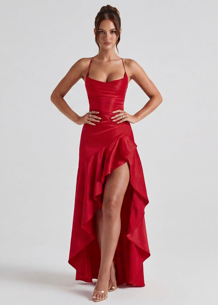 Kitty - Robe de Soirée Satinée Sculptante avec Fente Haute