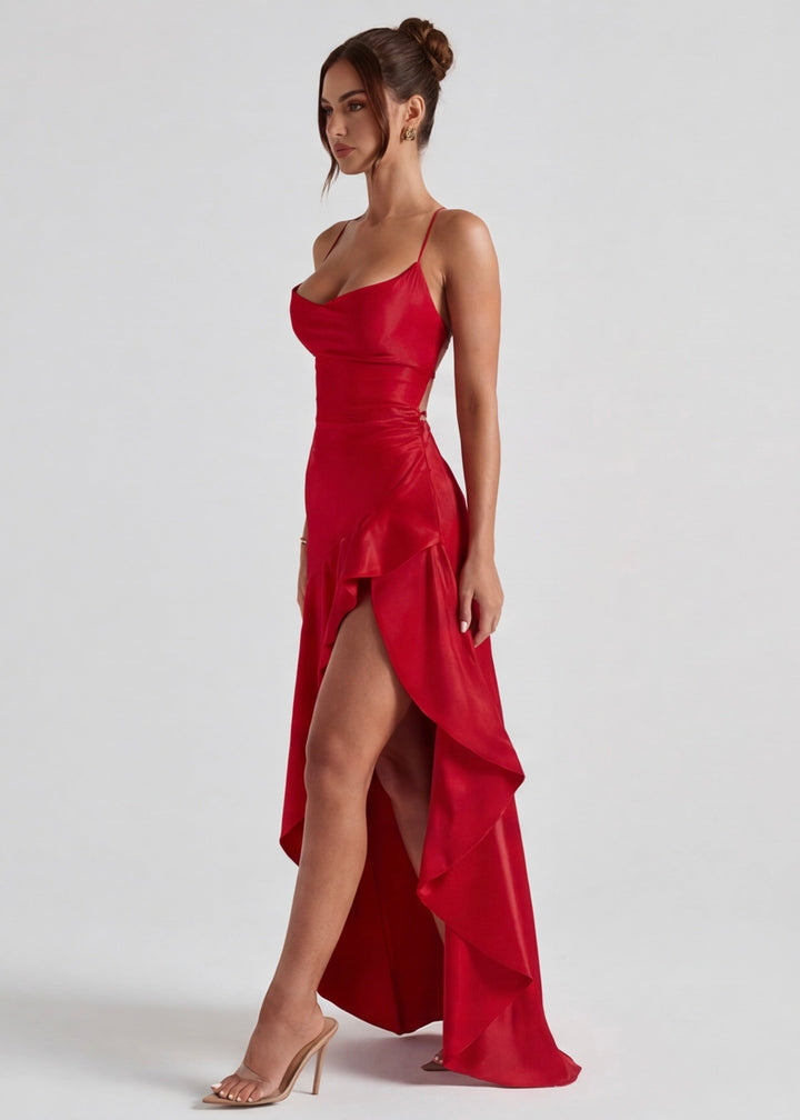 Kitty - Robe de Soirée Satinée Sculptante avec Fente Haute
