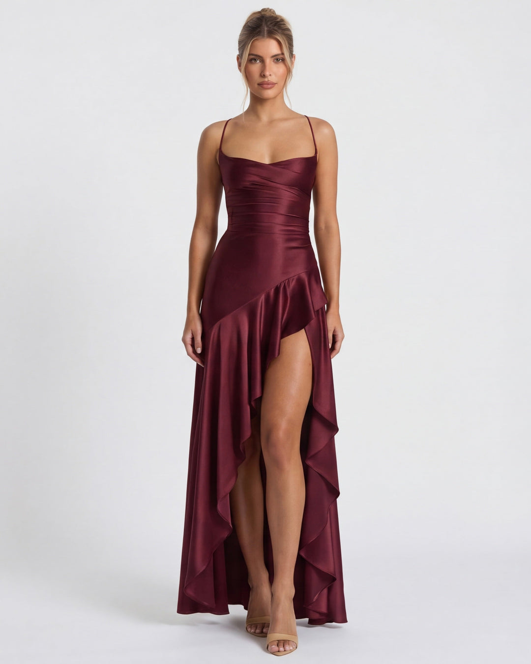 Kitty - Robe de Soirée Satinée Sculptante avec Fente Haute