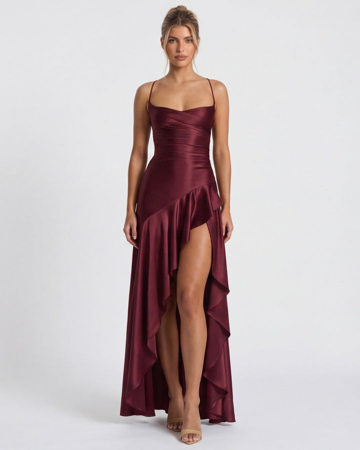 Kitty - Robe de Soirée Satinée Sculptante avec Fente Haute