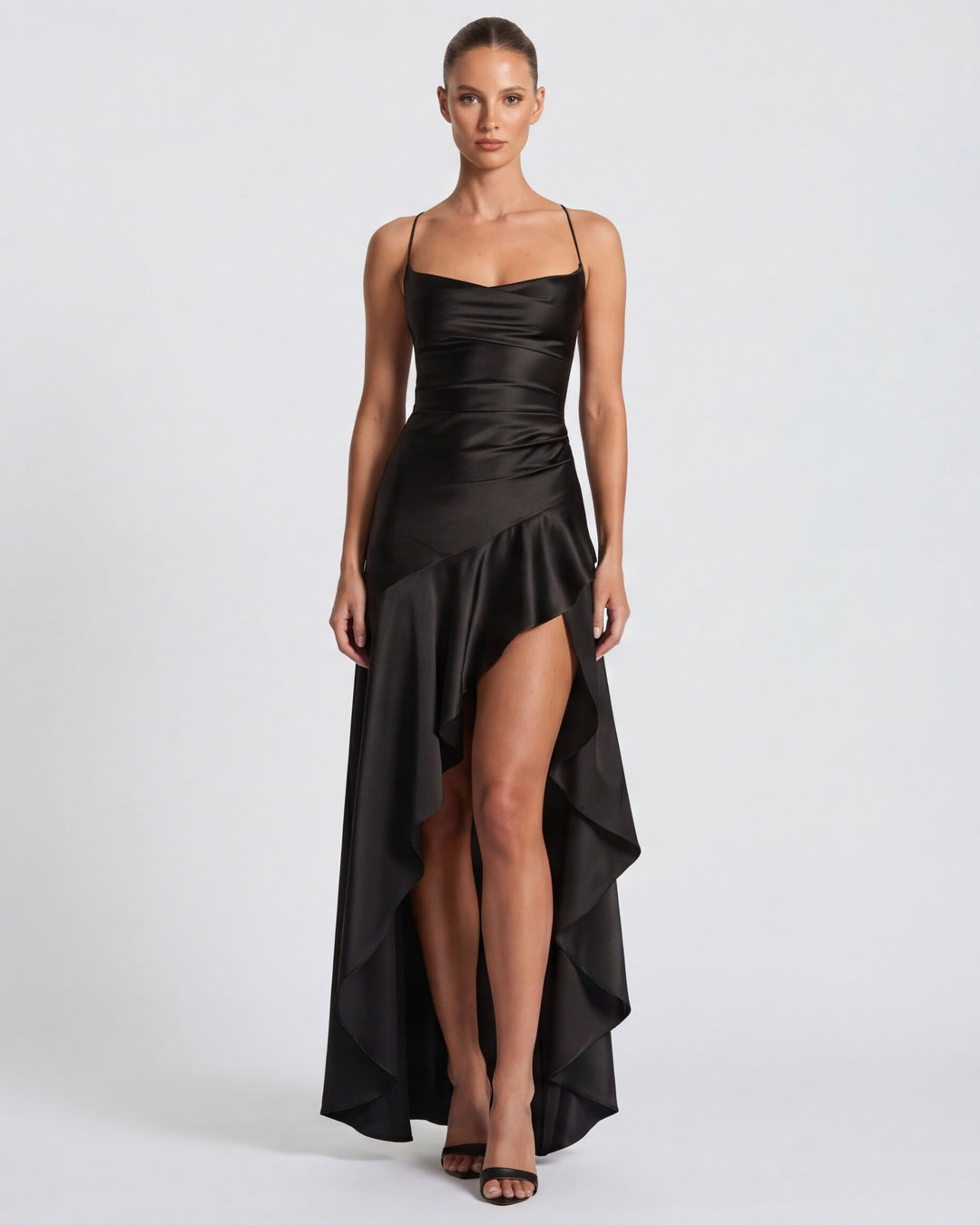 Kitty - Robe de Soirée Satinée Sculptante avec Fente Haute