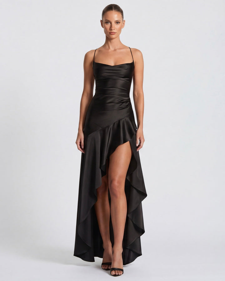 Kitty - Robe de Soirée Satinée Sculptante avec Fente Haute