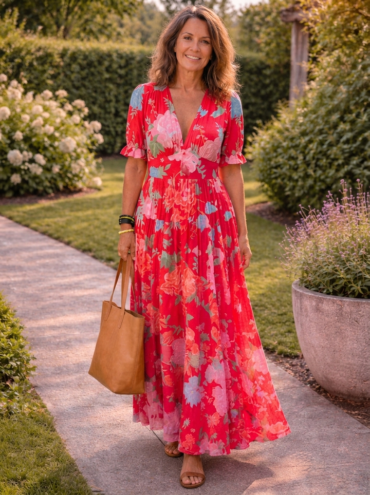 Lana - Robe Midi Fleurie Sans Manches à Col V