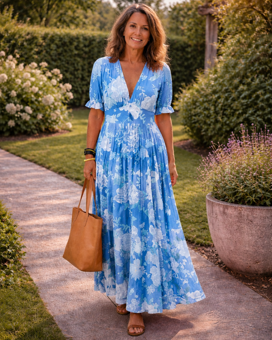 Lana - Robe Midi Fleurie Sans Manches à Col V