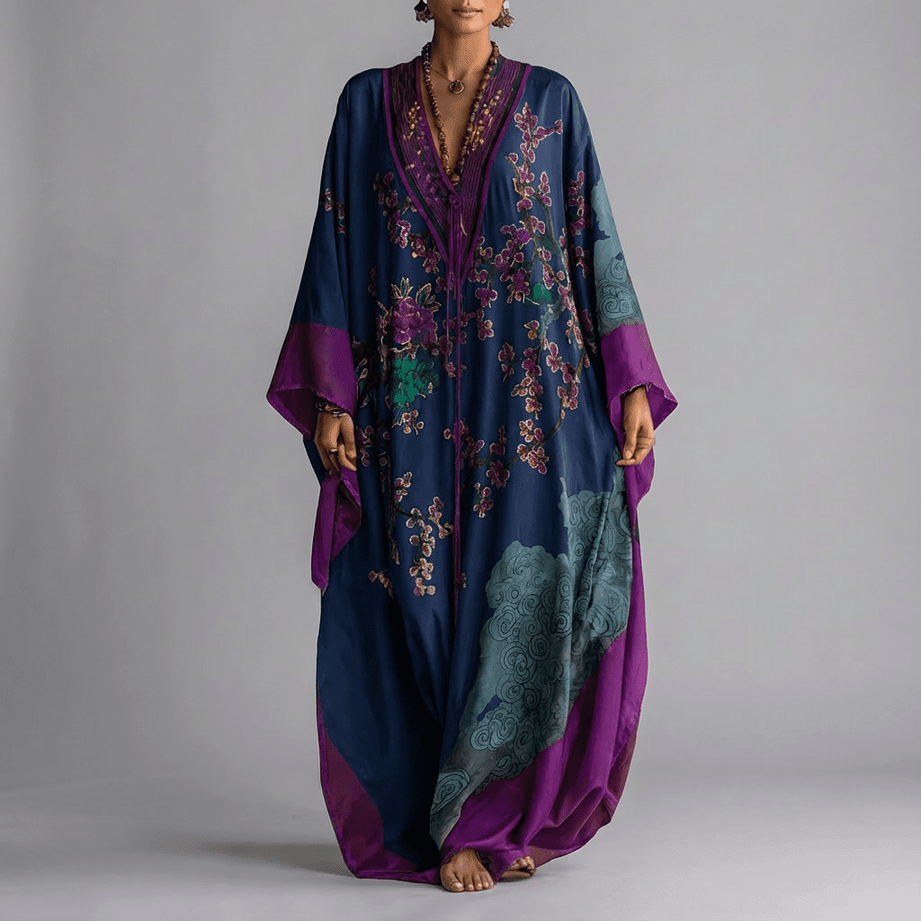 Solenn - Robe Maxi à Manches Chauve-Souris Fleur de Prunier