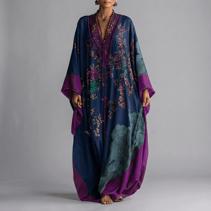 Solenn - Robe Maxi à Manches Chauve-Souris Fleur de Prunier