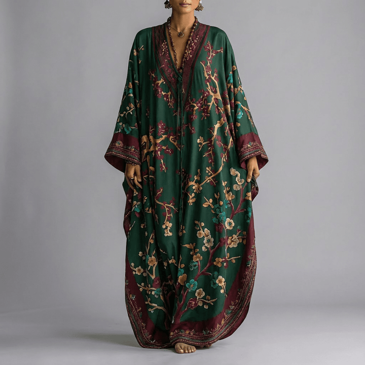 Solenn - Robe Maxi à Manches Chauve-Souris Fleur de Prunier