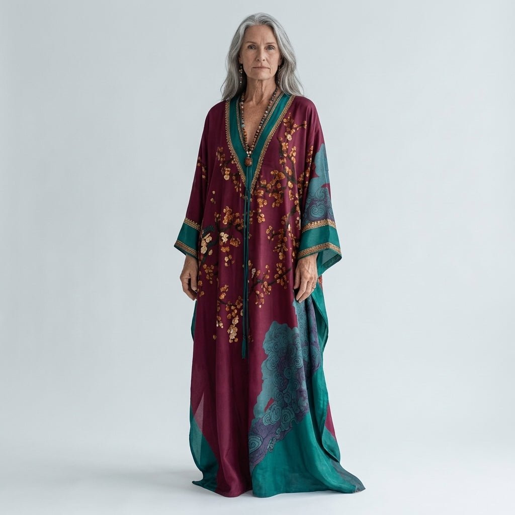 Solenn - Robe Maxi à Manches Chauve-Souris Fleur de Prunier