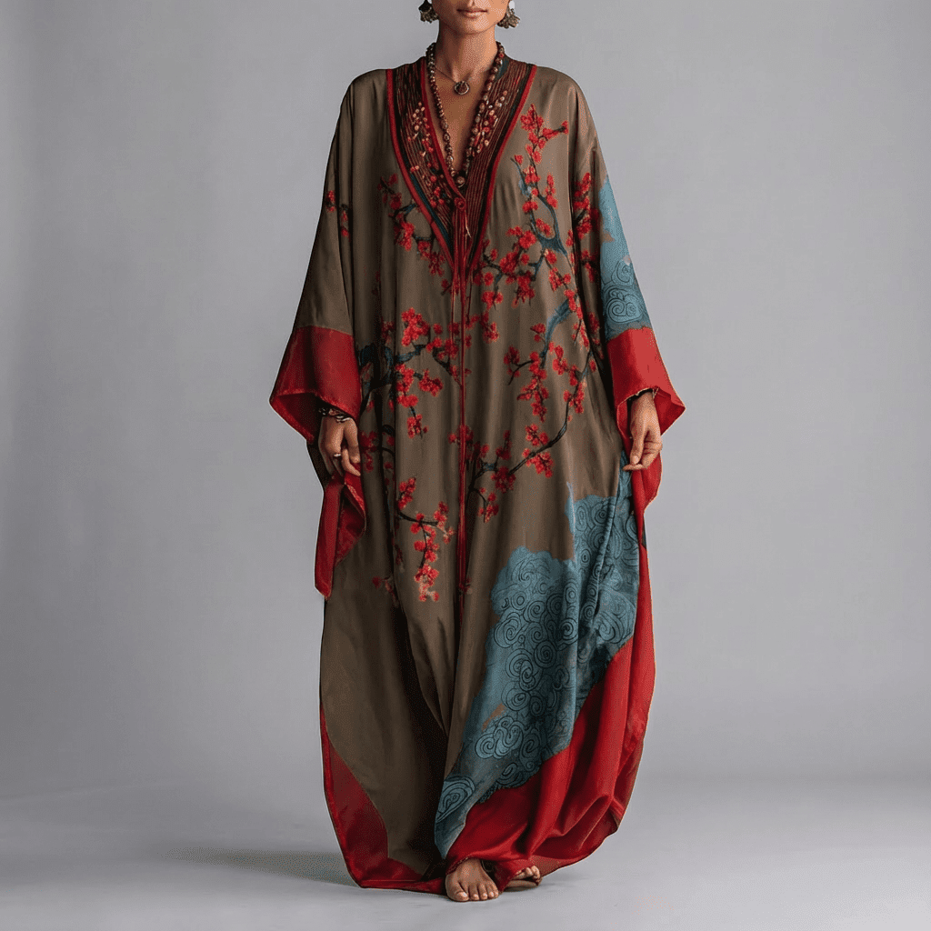 Solenn - Robe Maxi à Manches Chauve-Souris Fleur de Prunier