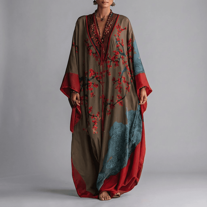 Solenn - Robe Maxi à Manches Chauve-Souris Fleur de Prunier