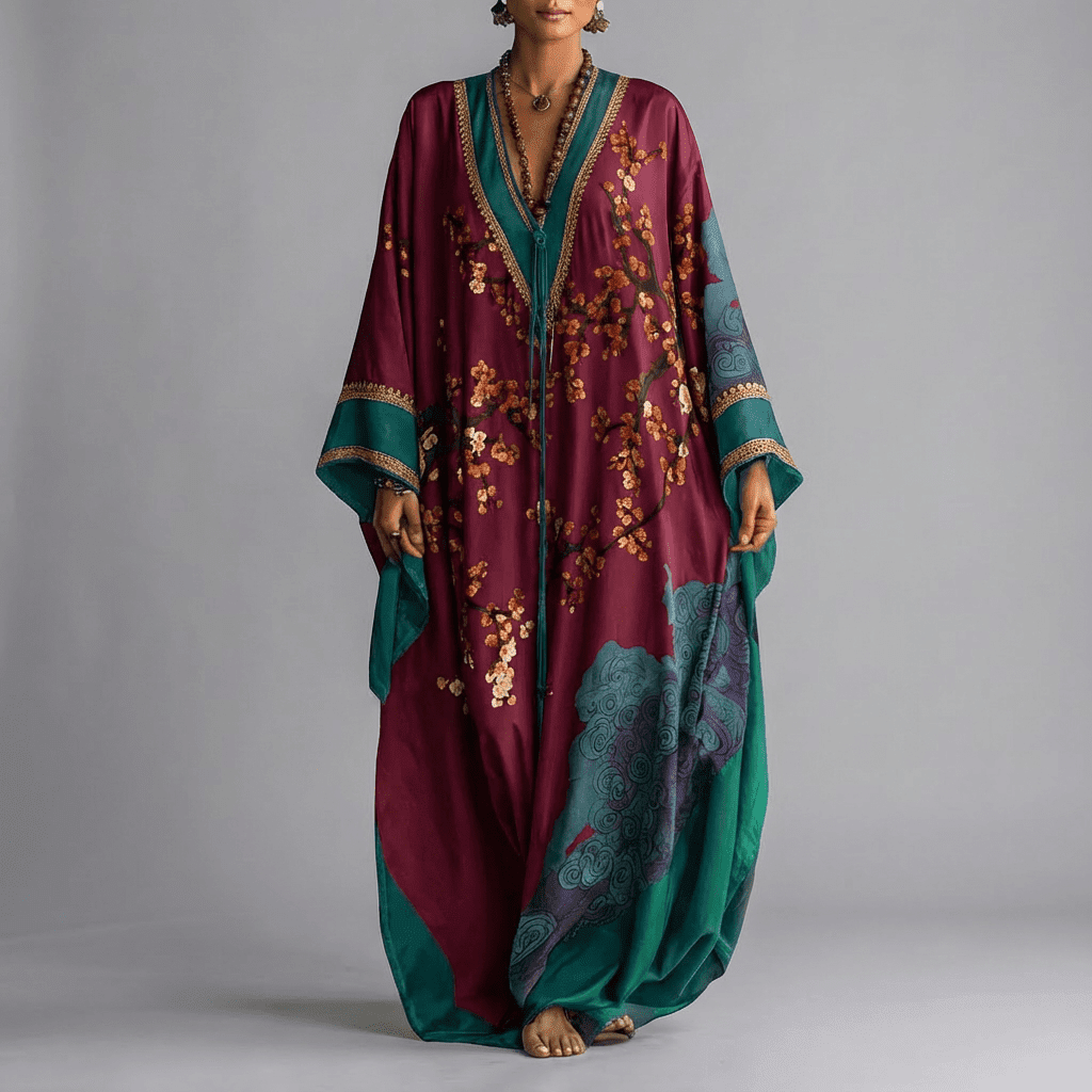 Solenn - Robe Maxi à Manches Chauve-Souris Fleur de Prunier