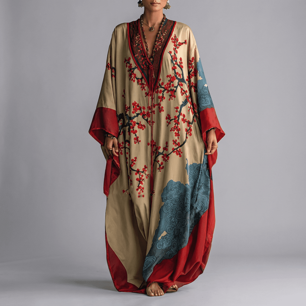 Solenn - Robe Maxi à Manches Chauve-Souris Fleur de Prunier