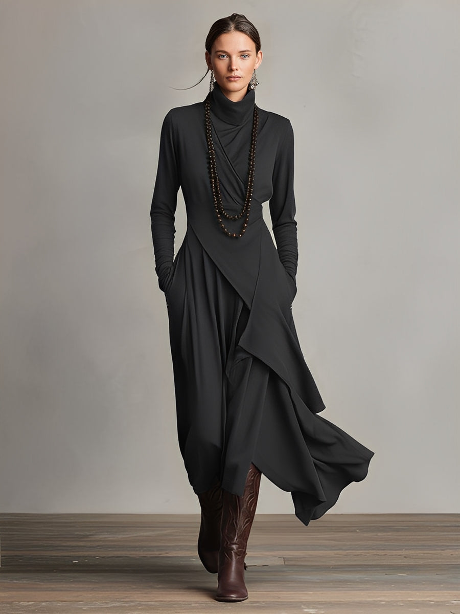 Carrie – Robe maxi en tricot asymétrique avec col roulé