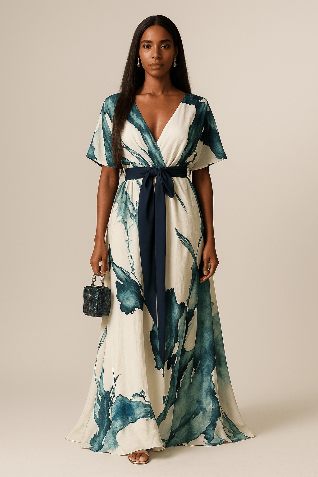 Nikka – Robe Maxi Aquarelle Fluide avec Ceinture à Nouer