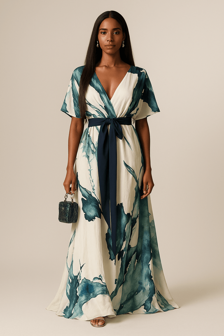 Nikka – Robe Maxi Aquarelle Fluide avec Ceinture à Nouer