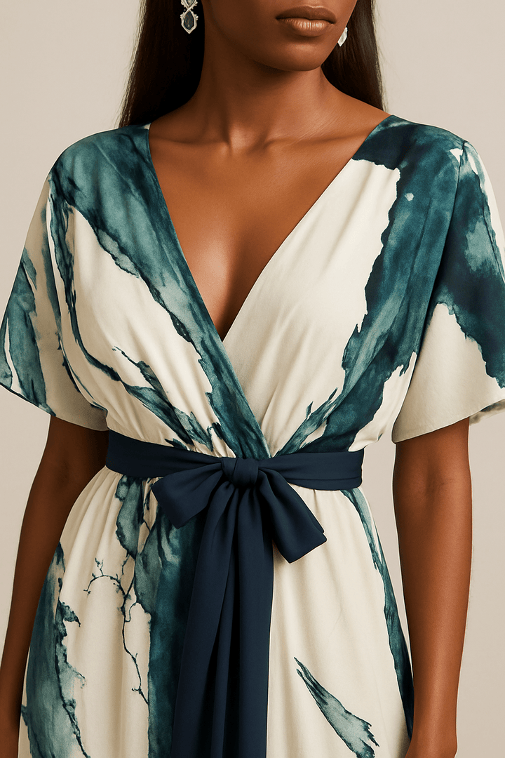 Nikka – Robe Maxi Aquarelle Fluide avec Ceinture à Nouer