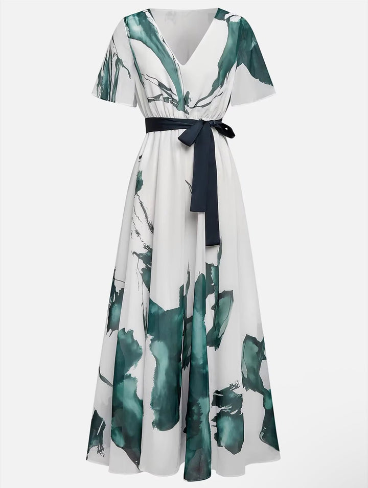Nikka – Robe Maxi Aquarelle Fluide avec Ceinture à Nouer