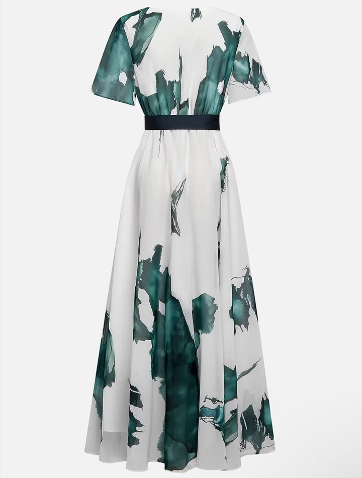 Nikka – Robe Maxi Aquarelle Fluide avec Ceinture à Nouer