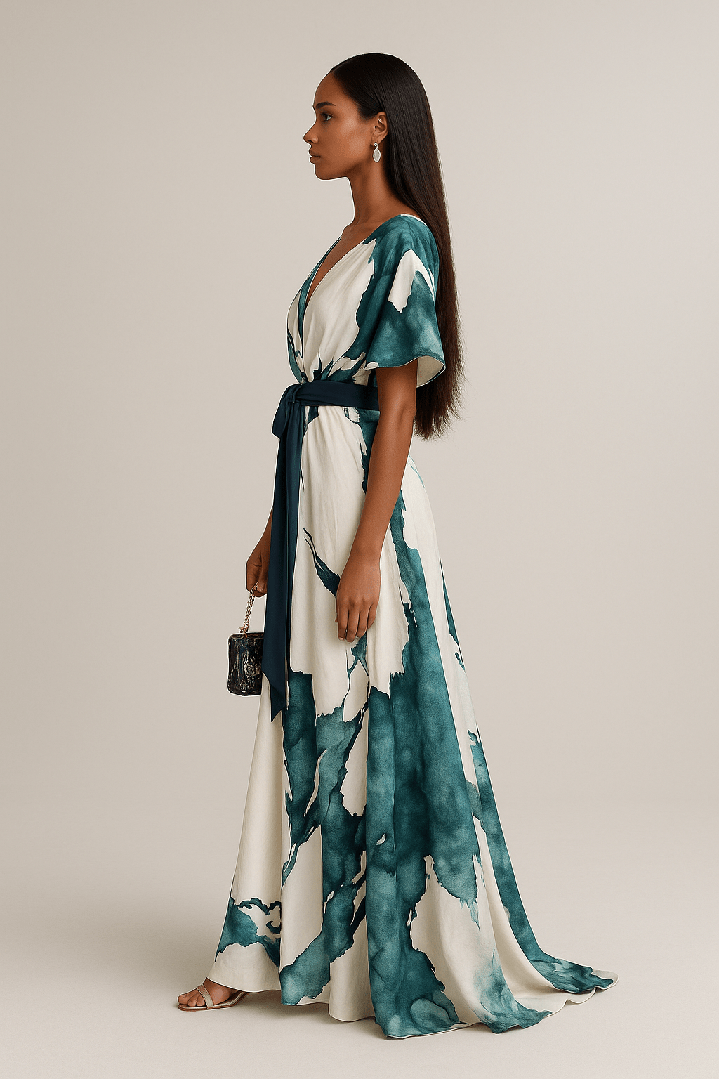 Nikka – Robe Maxi Aquarelle Fluide avec Ceinture à Nouer