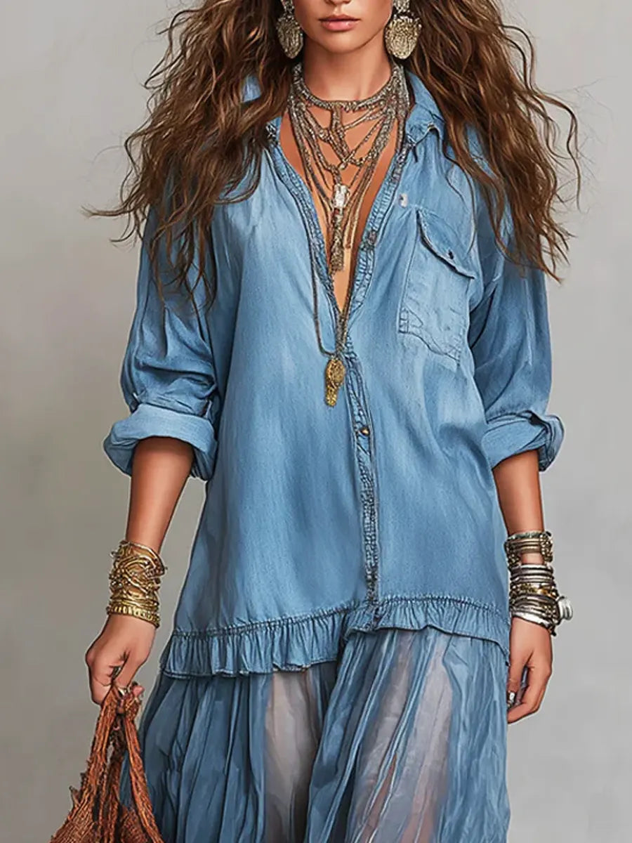 Alene - Robe Maxi en Patchwork Denim