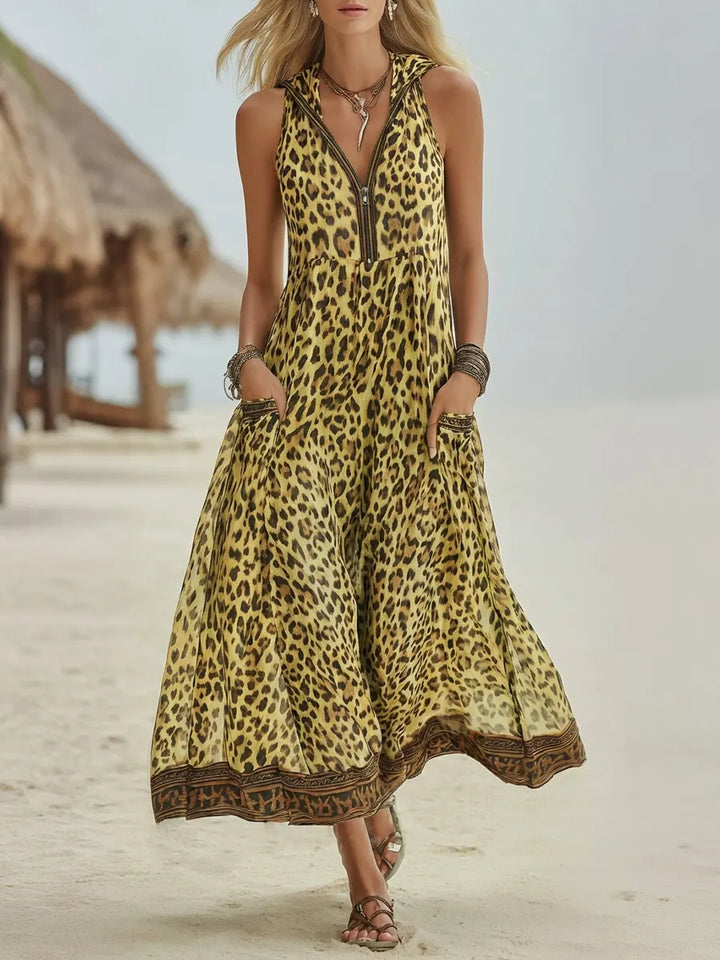 Polly - Robe Midi à Capuche Imprimé Léopard Vert