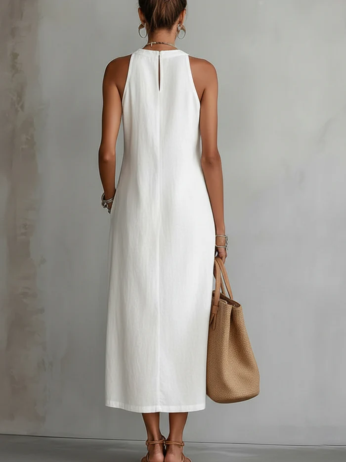 Janina - Robe Midi en Lin avec Col Mao