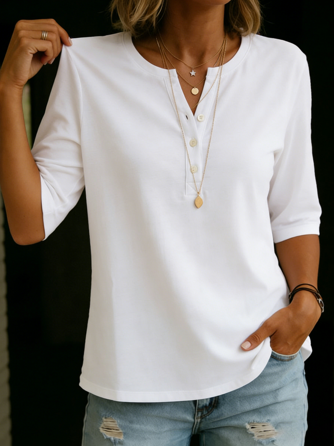 Daisy - T-shirt Henley en coton quotidien