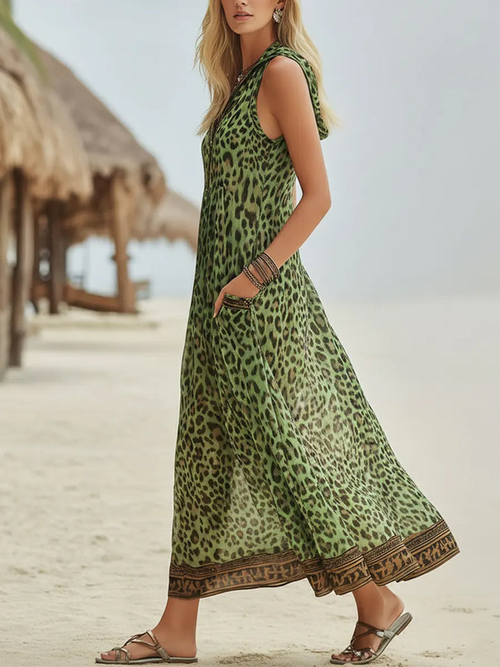 Polly - Robe Midi à Capuche Imprimé Léopard Vert