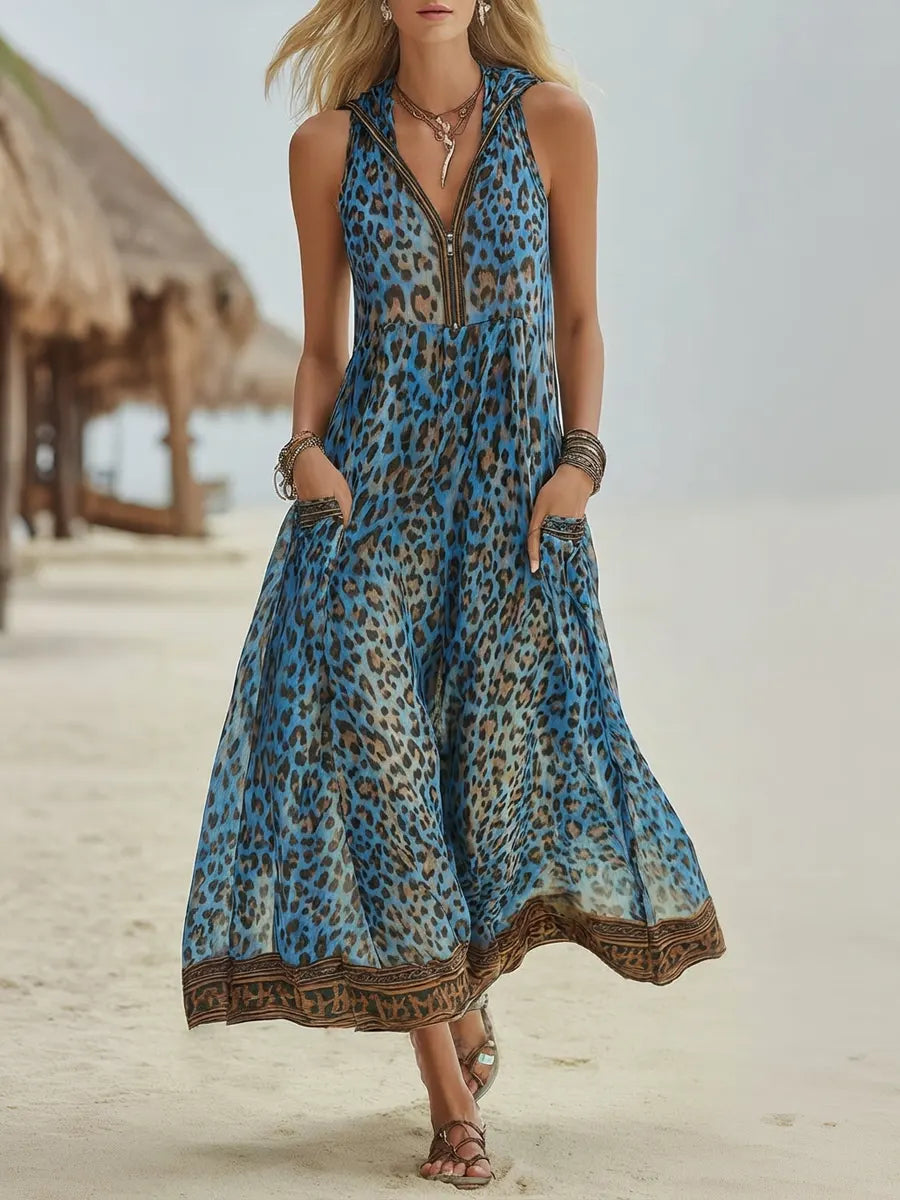 Polly - Robe Midi à Capuche Imprimé Léopard Vert