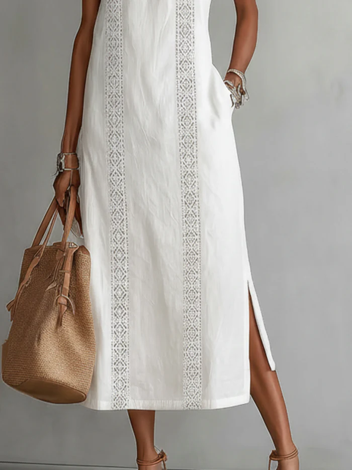 Janina - Robe Midi en Lin avec Col Mao