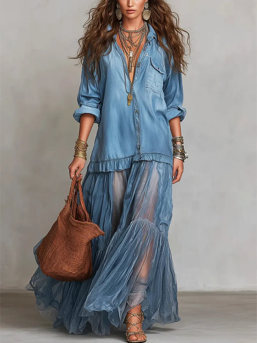 Alene - Robe Maxi en Patchwork Denim