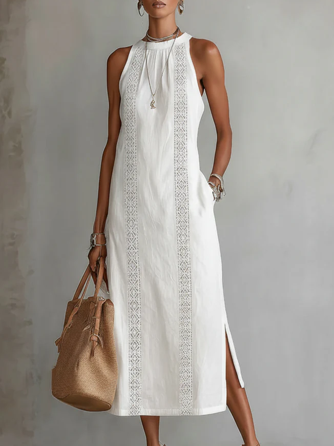 Janina - Robe Midi en Lin avec Col Mao
