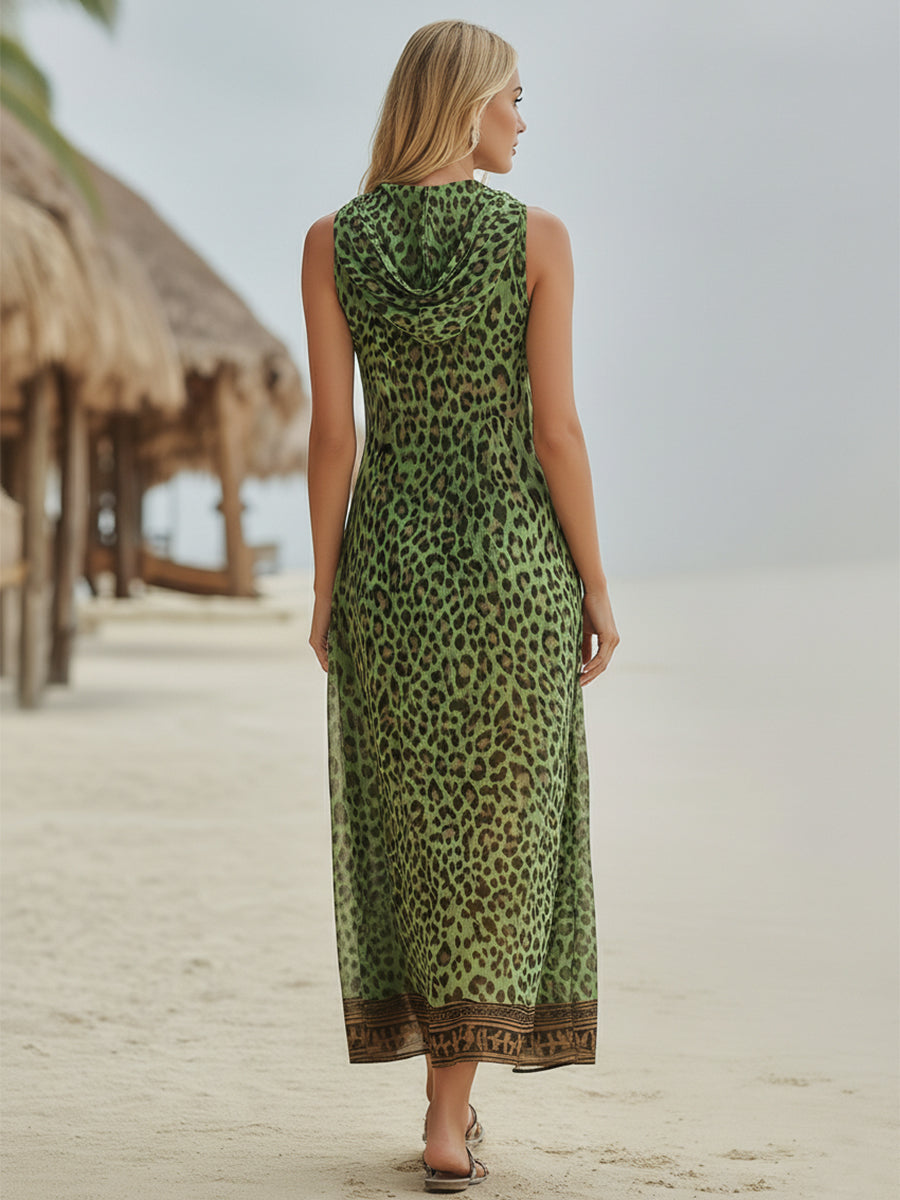 Polly - Robe Midi à Capuche Imprimé Léopard Vert