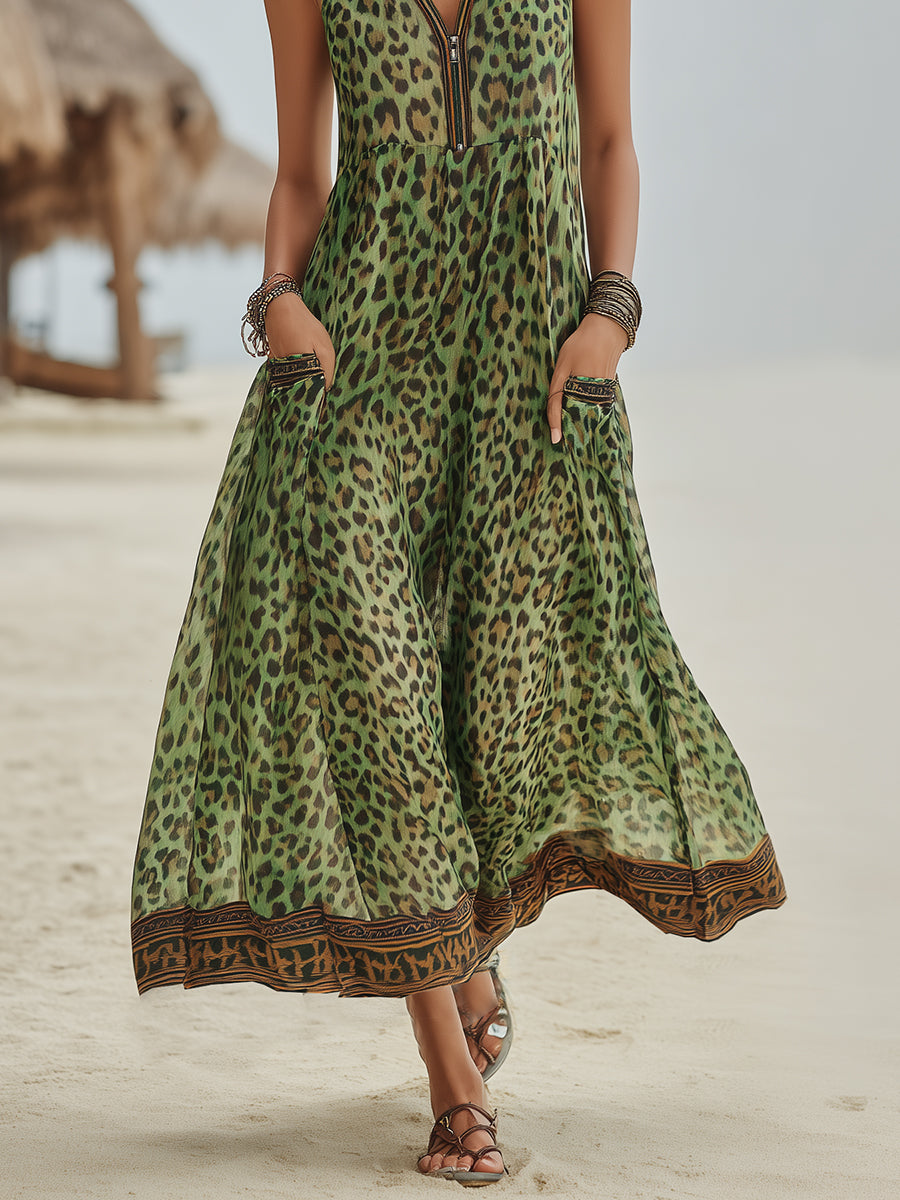 Polly - Robe Midi à Capuche Imprimé Léopard Vert