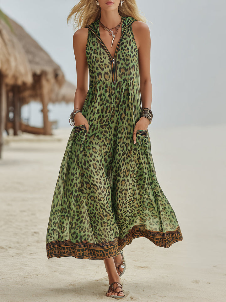 Polly - Robe Midi à Capuche Imprimé Léopard Vert