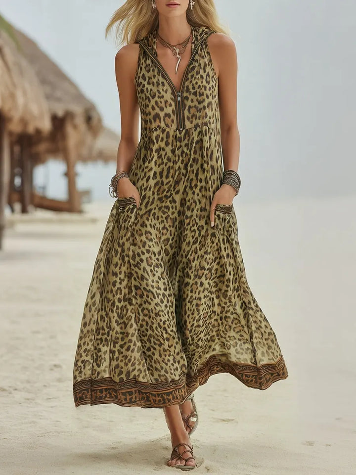 Polly - Robe Midi à Capuche Imprimé Léopard Vert