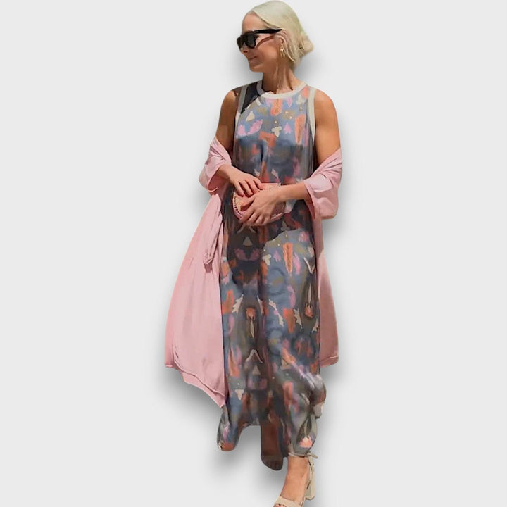 Vera – Robe Maxi Fluide avec Cardigan Pastel