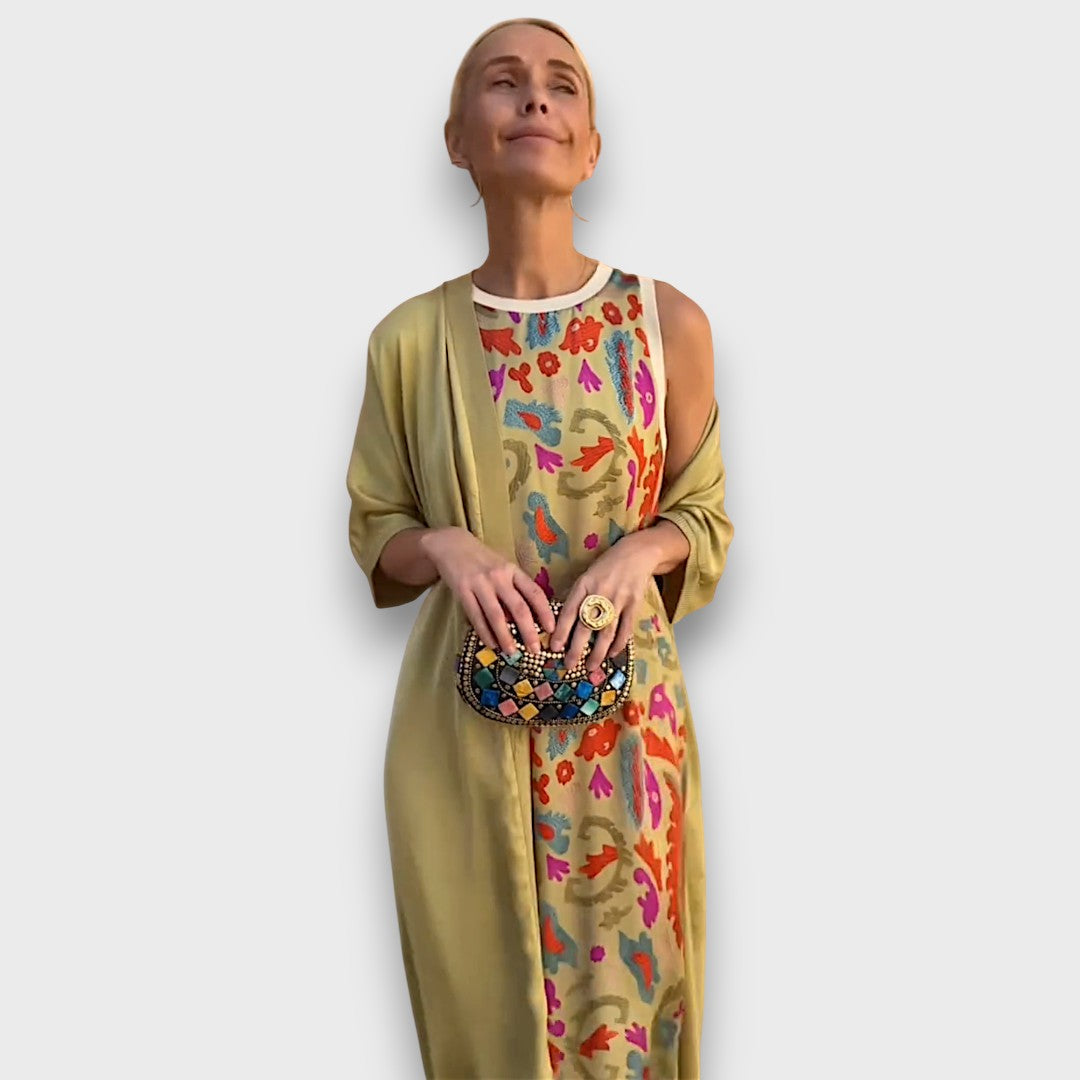 Vera – Robe Maxi Fluide avec Cardigan Pastel