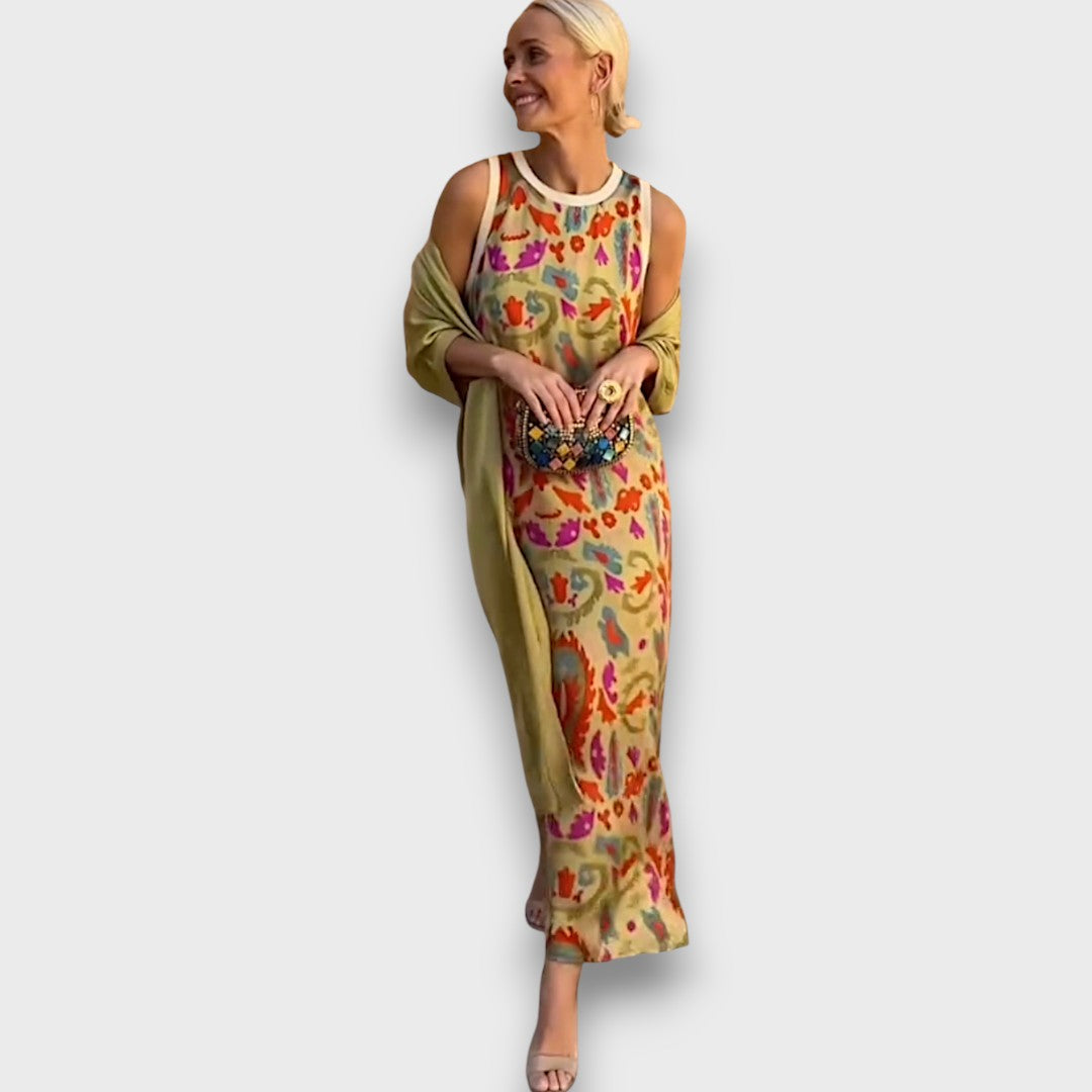 Vera – Robe Maxi Fluide avec Cardigan Pastel