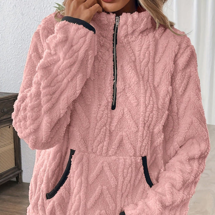 Harper | Sweat à col zippé mi-haut en peluche rose avec poches